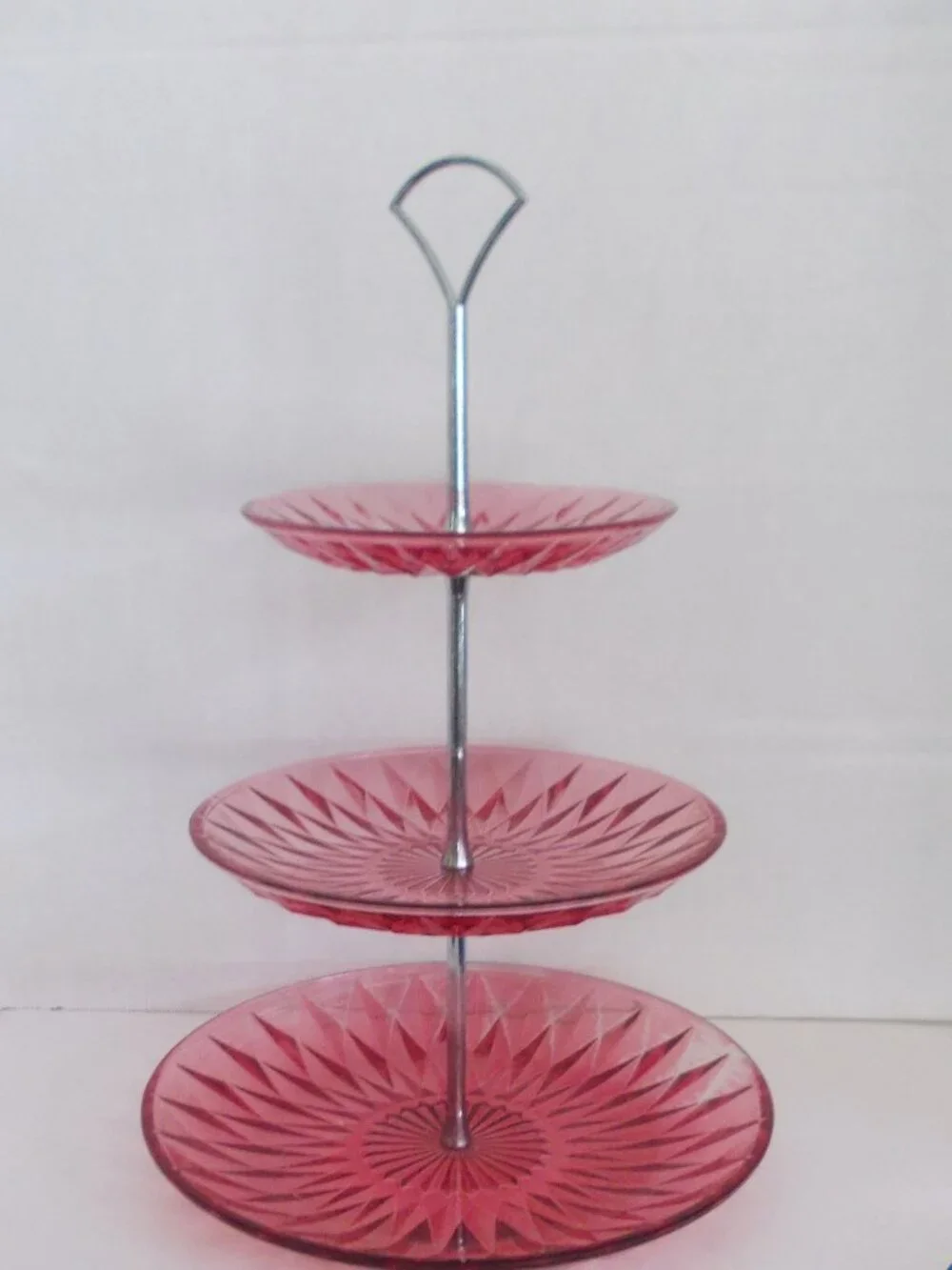 Beautiful Vintage 3 Tier Pink Depression Cut Glass Cookie Tray